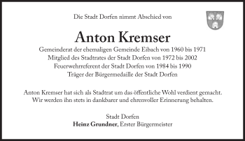 Traueranzeige von Anton Kremser von Süddeutsche Zeitung