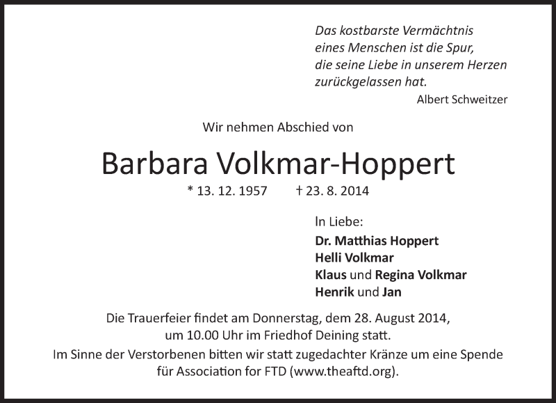 Traueranzeige für Barbara Volkmar-Hoppert vom 26.08.2014 aus Süddeutsche Zeitung