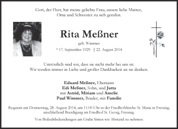 Traueranzeige von Rita Meßner von Süddeutsche Zeitung