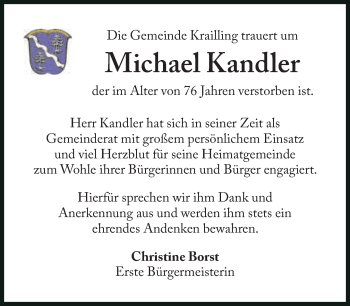 Traueranzeige von Michael Kandler von Süddeutsche Zeitung