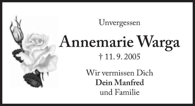  Traueranzeige für Annemarie Warga vom 11.09.2014 aus Süddeutsche Zeitung