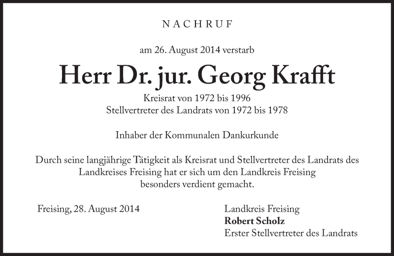  Traueranzeige für Georg Krafft vom 28.08.2014 aus Süddeutsche Zeitung