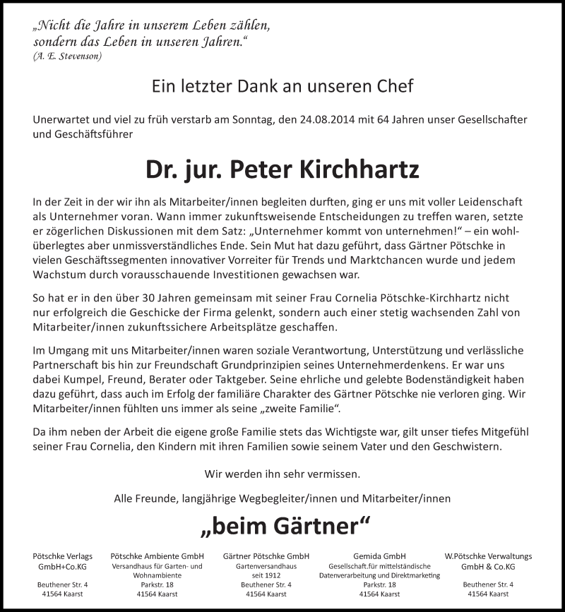 Anzeige Von Peter Kirchhartz Sz Gedenken De