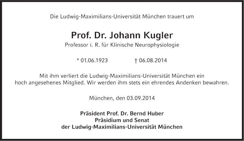  Traueranzeige für Johann Kugler vom 03.09.2014 aus Süddeutsche Zeitung
