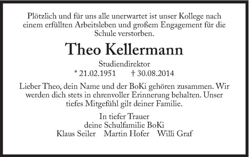  Traueranzeige für Theo Kellermann vom 06.09.2014 aus Süddeutsche Zeitung