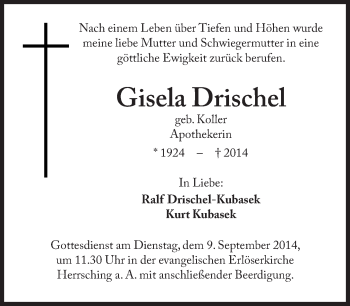 Traueranzeige von Gisela Drischel von Süddeutsche Zeitung