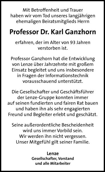 Traueranzeige von Karl Ganzhorn von Süddeutsche Zeitung