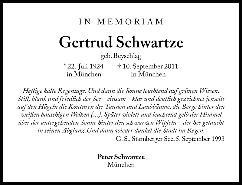  Traueranzeige für Gertrud Schwartze vom 10.09.2014 aus Süddeutsche Zeitung
