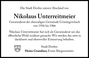 Traueranzeige von Nikolaus Unterreitmeier von Süddeutsche Zeitung