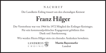 Traueranzeige von Franz Hilger von Süddeutsche Zeitung