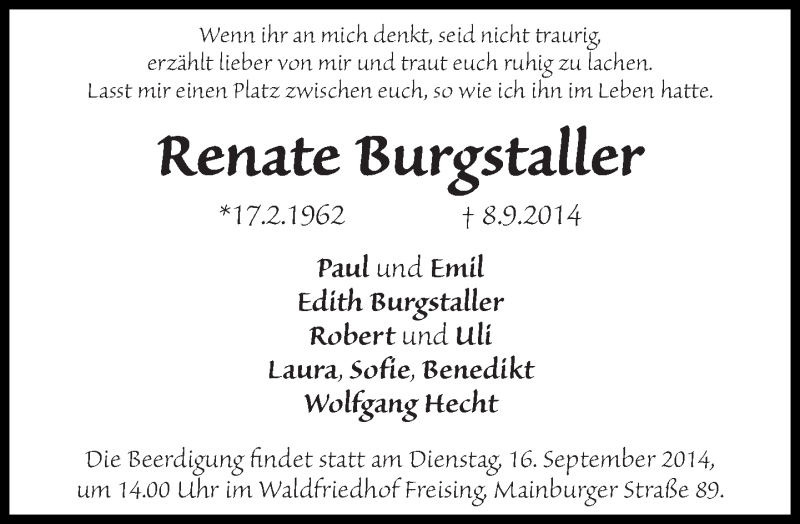  Traueranzeige für Renate Burgstaller vom 13.09.2014 aus Süddeutsche Zeitung