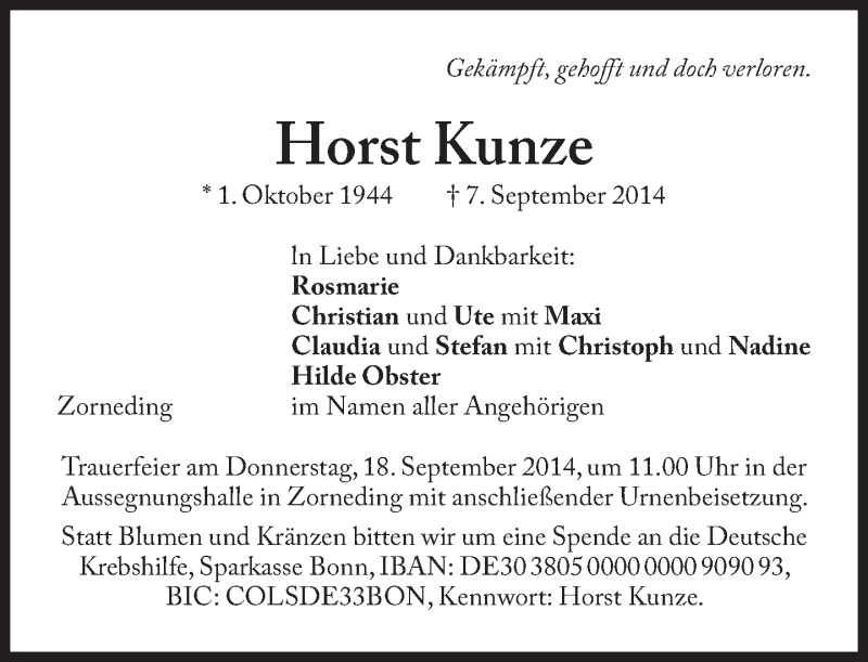  Traueranzeige für Horst Kunze vom 13.09.2014 aus Süddeutsche Zeitung