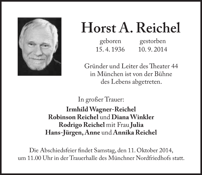  Traueranzeige für Horst A Reichel vom 13.09.2014 aus Süddeutsche Zeitung