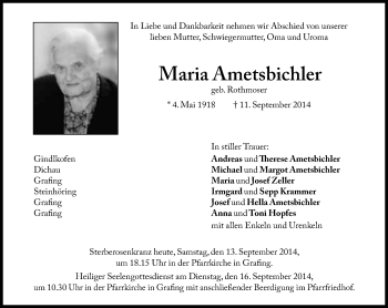 Traueranzeige von Maria Ametsbichler von Süddeutsche Zeitung