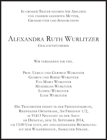 Traueranzeige von Alexandra Ruth Wurlitzer von Süddeutsche Zeitung