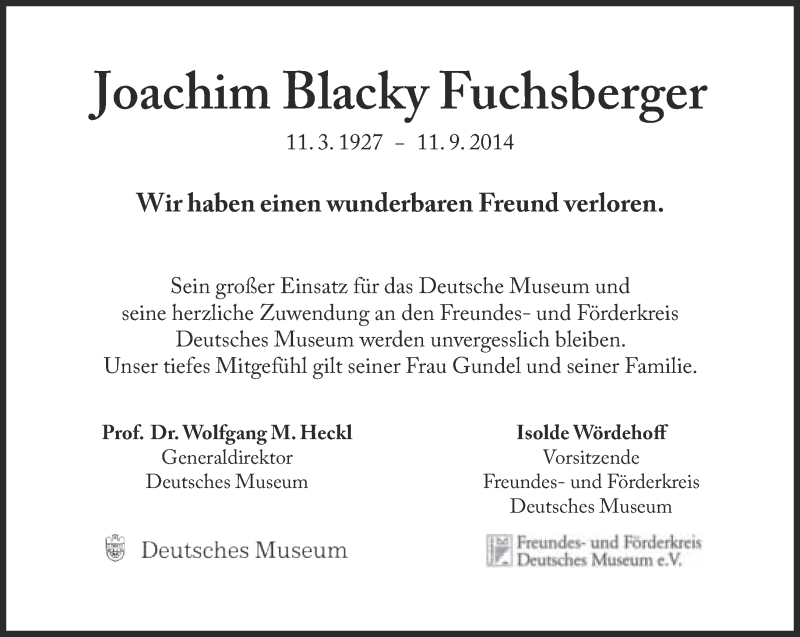  Traueranzeige für Joachim Blacky Fuchsberger vom 13.09.2014 aus Süddeutsche Zeitung