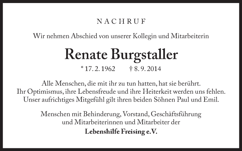  Traueranzeige für Renate Burgstaller vom 16.09.2014 aus Süddeutsche Zeitung