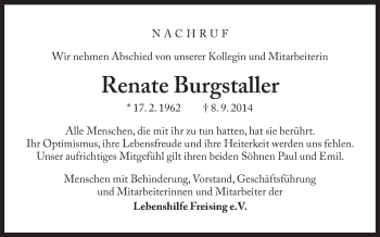 Traueranzeige von Renate Burgstaller von Süddeutsche Zeitung