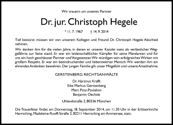 Traueranzeige von Christoph Hegele von Süddeutsche Zeitung