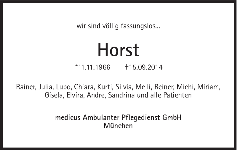  Traueranzeige für Horst  vom 18.09.2014 aus Süddeutsche Zeitung