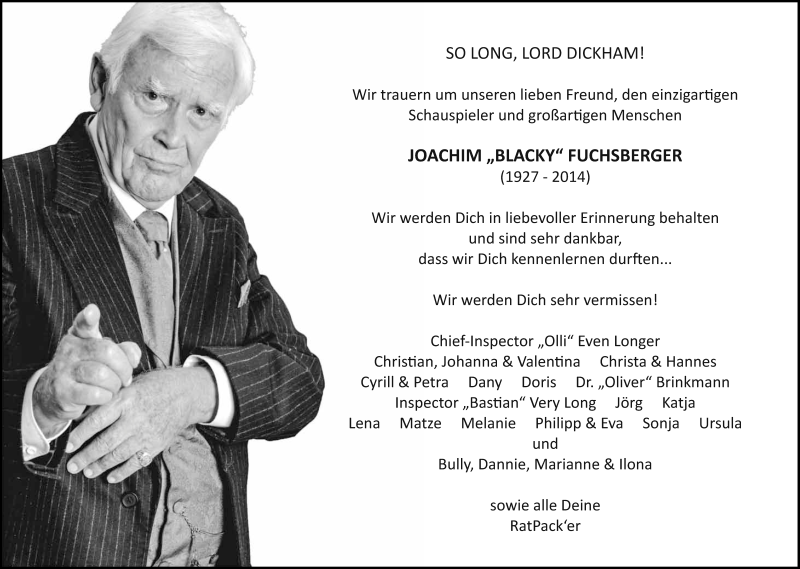  Traueranzeige für Joachim Blacky Fuchsberger vom 20.09.2014 aus Süddeutsche Zeitung