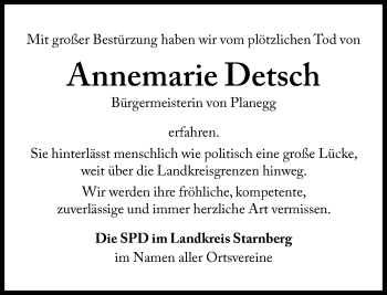 Traueranzeige von Annemarie Detsch von Süddeutsche Zeitung