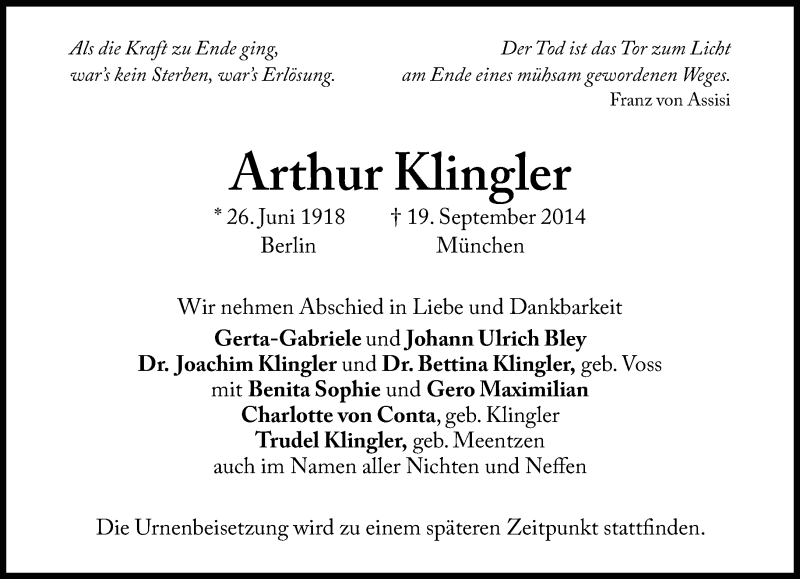  Traueranzeige für Arthur Klingler vom 24.09.2014 aus Süddeutsche Zeitung