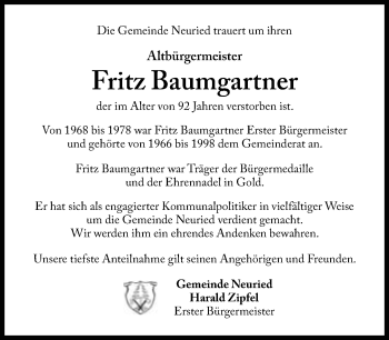 Traueranzeige von Fritz Baumgartner von Süddeutsche Zeitung