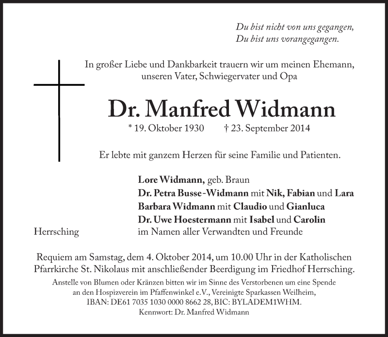  Traueranzeige für Manfred Widmann vom 30.09.2014 aus Süddeutsche Zeitung