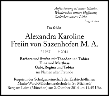 Traueranzeige von Alexandra Karoline Freiin von Sazenhofen von Süddeutsche Zeitung