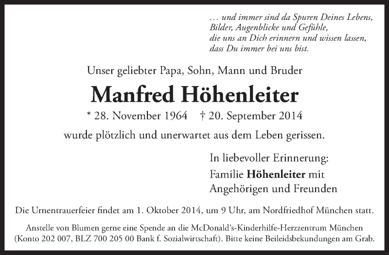  Traueranzeige für Manfred Höhenleiter vom 27.09.2014 aus Süddeutsche Zeitung