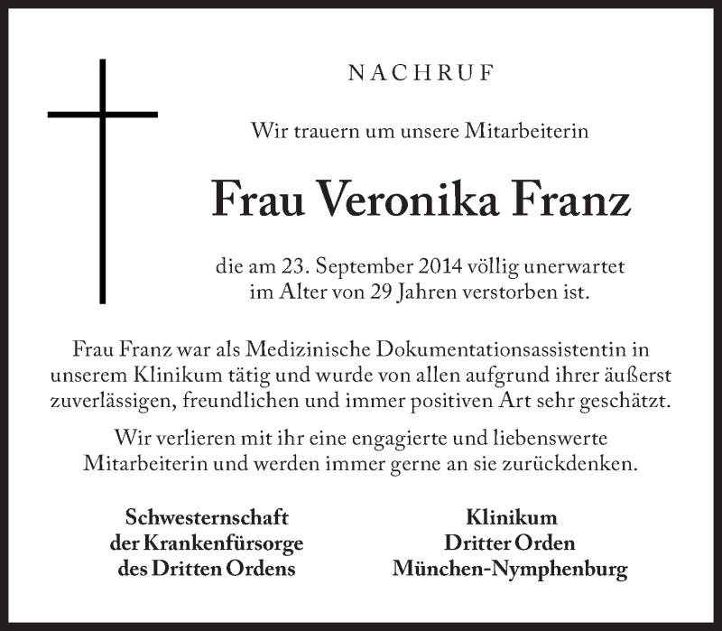 Traueranzeige für Veronika Franz vom 30.09.2014 aus Süddeutsche Zeitung