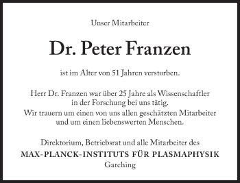 Traueranzeige von Peter Franzen von Süddeutsche Zeitung