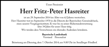 Traueranzeige von Fritz-Peter Hasreiter von Süddeutsche Zeitung