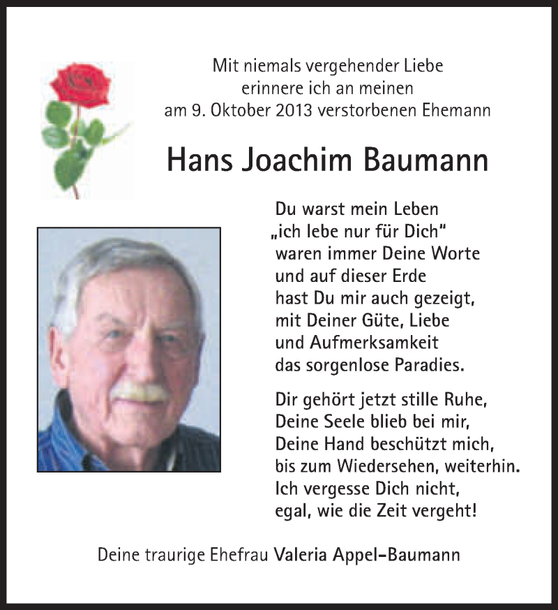 Traueranzeige für Hans Joachim Baumann vom 09.10.2014 aus Süddeutsche Zeitung