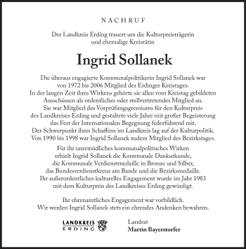 Traueranzeige von Ingrid Sollanek von Süddeutsche Zeitung