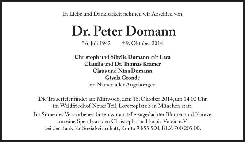  Traueranzeige für Peter Domann vom 11.10.2014 aus Süddeutsche Zeitung