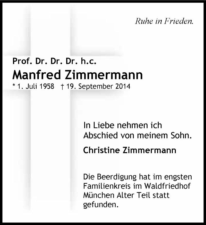  Traueranzeige für Manfred Zimmermann vom 11.10.2014 aus Süddeutsche Zeitung