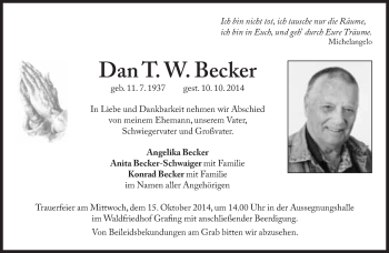 Traueranzeige von Dan T.W. Becker von Süddeutsche Zeitung