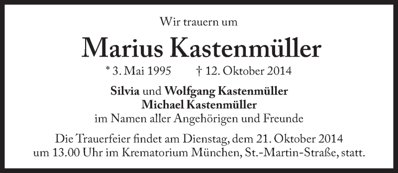  Traueranzeige für Marius Kastenmüller vom 18.10.2014 aus Süddeutsche Zeitung