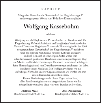 Traueranzeige von Wolfgang Kassebohm von Süddeutsche Zeitung