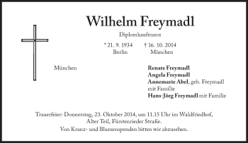 Traueranzeige von Wilhelm Freymadl von Süddeutsche Zeitung