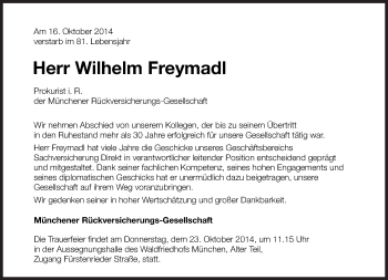 Traueranzeige von Wilhelm Freymadl von Süddeutsche Zeitung