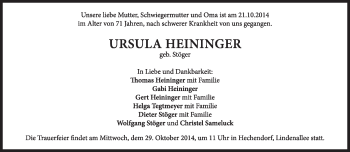 Traueranzeige von Ursula Heininger von Süddeutsche Zeitung