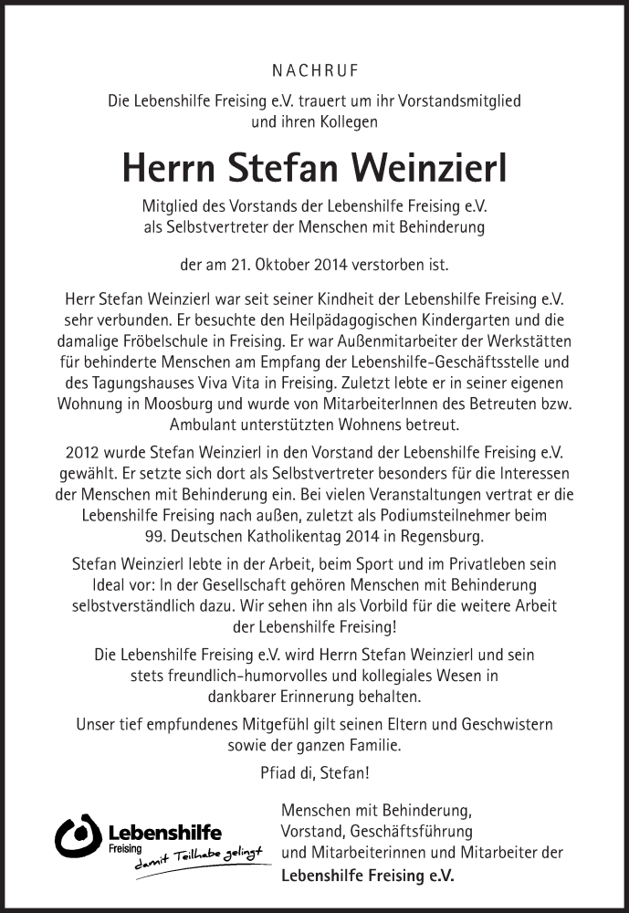  Traueranzeige für Stefan Weinzierl vom 30.10.2014 aus Süddeutsche Zeitung