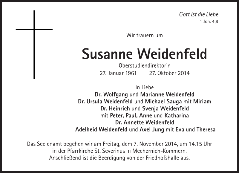  Traueranzeige für Susanne Weidenfeld vom 31.10.2014 aus Süddeutsche Zeitung