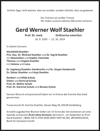 Traueranzeige von Gerd Werner Wolf  Staehler von Süddeutsche Zeitung