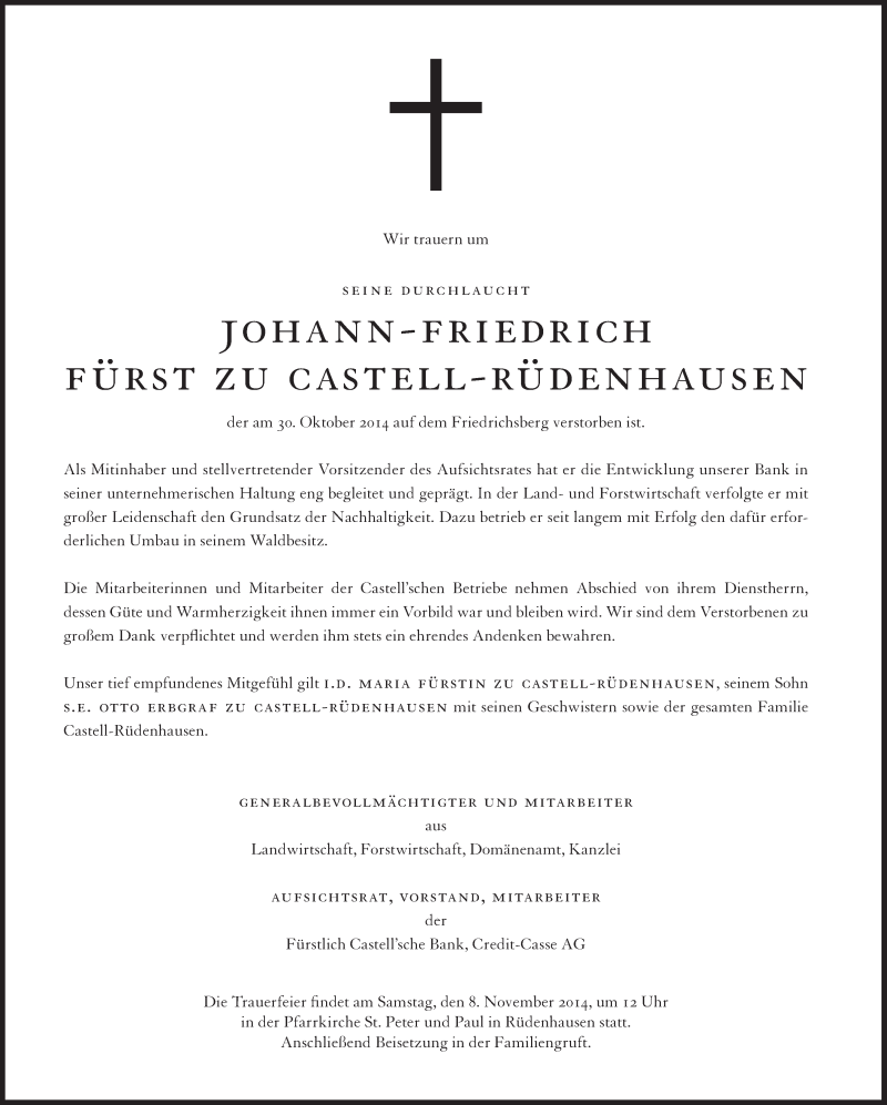  Traueranzeige für Johann-Friedrich Fürst zu Castell-Rüdenhausen vom 04.11.2014 aus Süddeutsche Zeitung