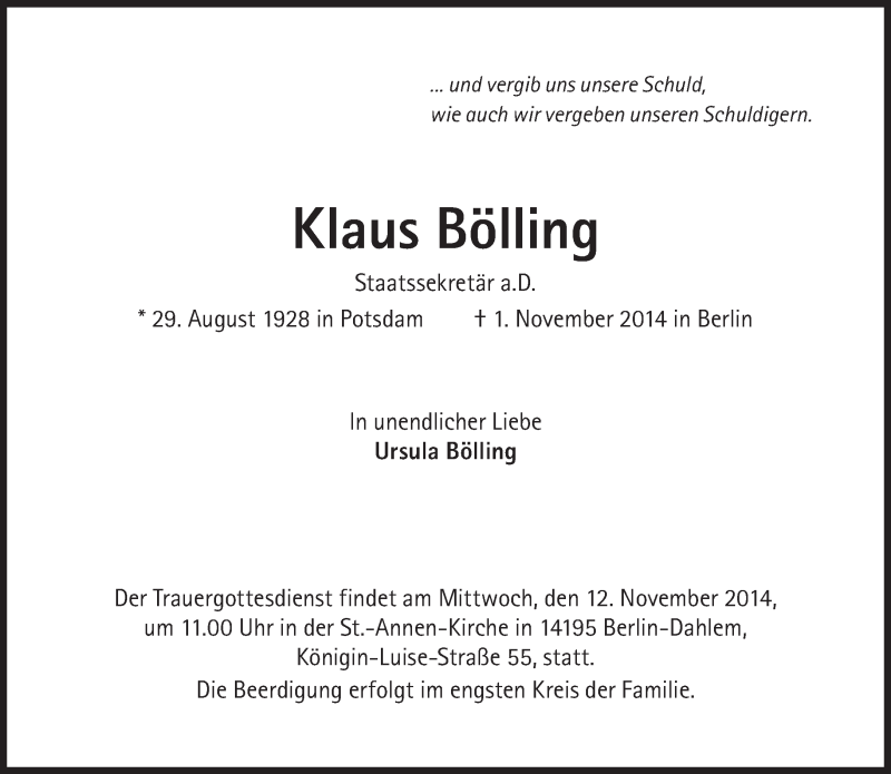  Traueranzeige für Klaus Bölling vom 08.11.2014 aus Süddeutsche Zeitung