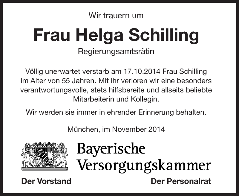  Traueranzeige für Helga Schilling vom 05.11.2014 aus Süddeutsche Zeitung